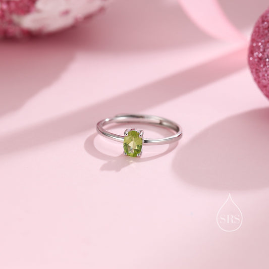 Natural Green Peridot Oval Ring in Sterling Silver,  4x6mm, Prong Set Oval Cut, Adjustable Size, Genuine Peridot Ring, August Birthstone