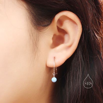 White Opal Bead Dangle Earrings in Sterling Silver, 15mm Hook Earrings, Round Hoop Lab Opal Beaded Earrings