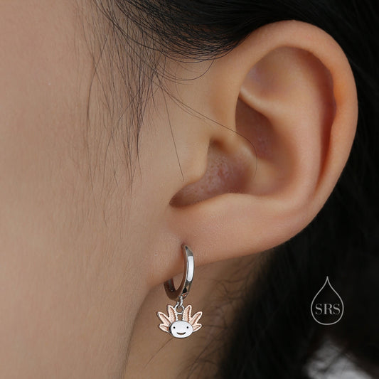 Axolotl Huggie Hoop Earrings in Sterling Silver - Sea Creature Dangle Drop Earrings - Pet Lover - Cute,  Fun, Whimsical