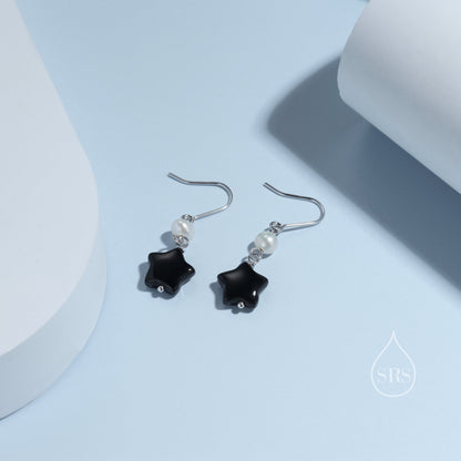 Genuine Black Onyx Star and Pearl Drop Earrings in Sterling Silver, Natural Onyx and Freshwater Pearl Drop Hook Earrings, Star
