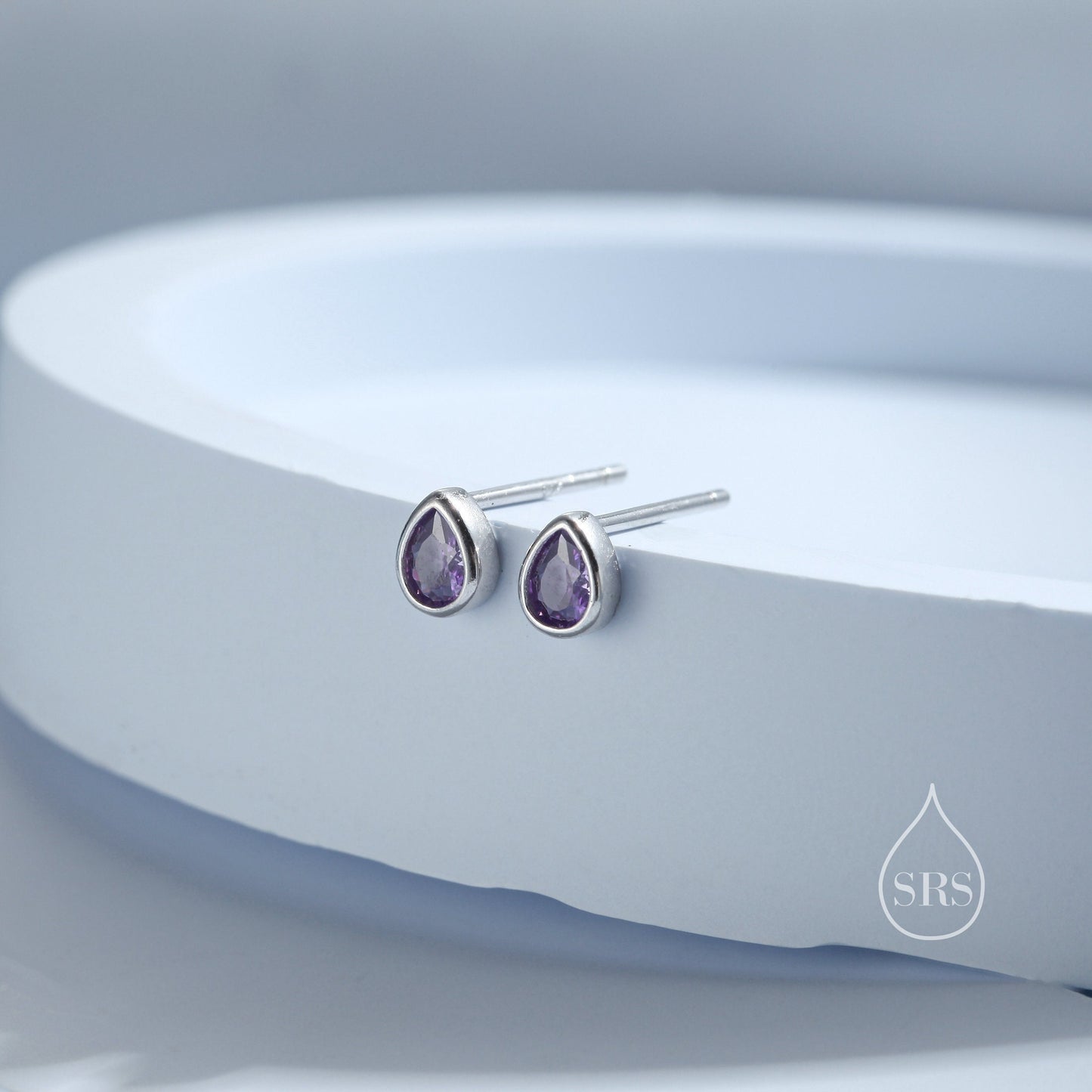 Extra Tiny Amethyst Purple Droplet CZ Stud Earrings in Sterling Silver, Tiny Pear Cut Bezel CZ Stud Earrings, February Birthstone