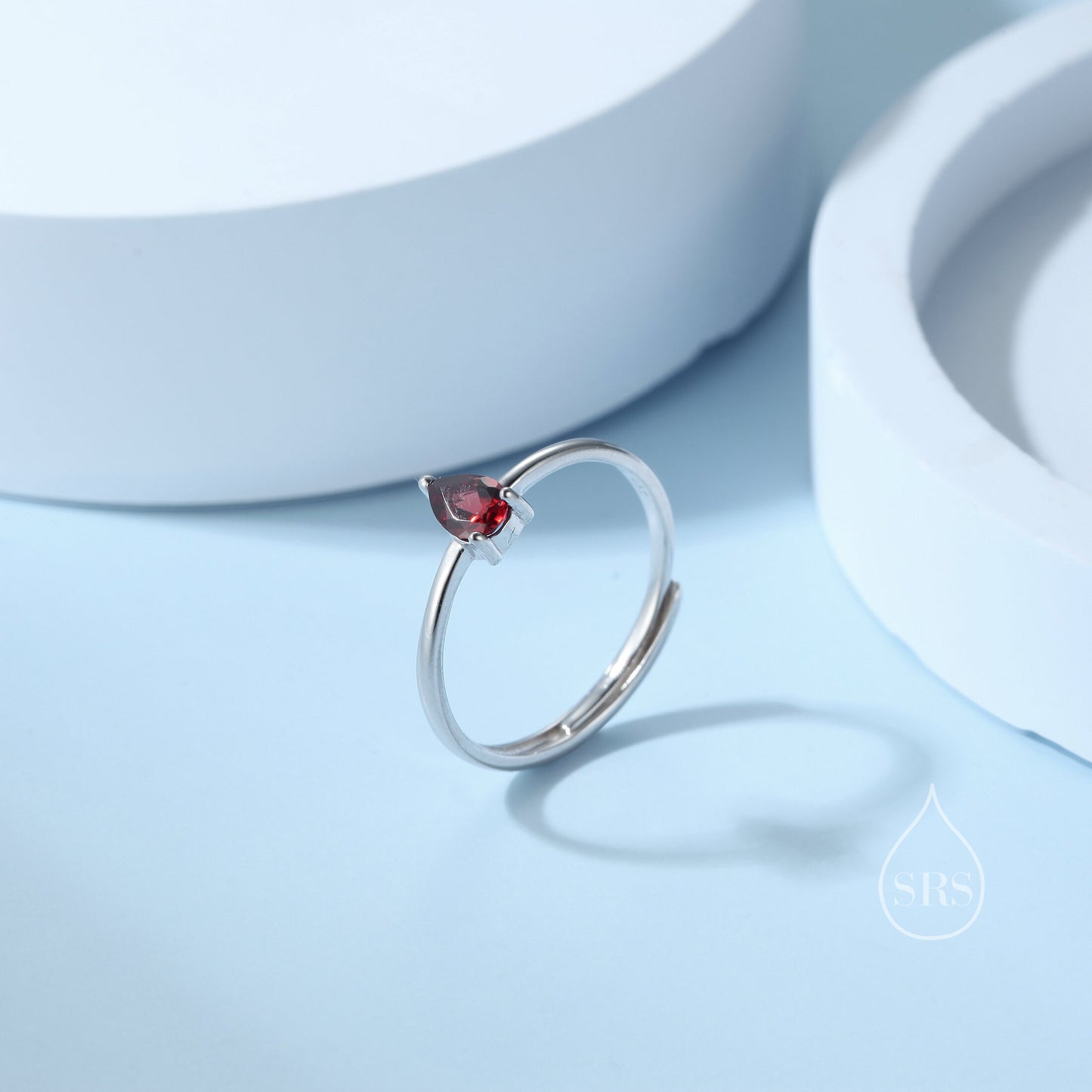 Natural Red Garnet Droplet Ring in Sterling Silver,  4x6mm, Prong Set Pear Cut, Adjustable Size, Genuine Garnet Ring, January Birthstone