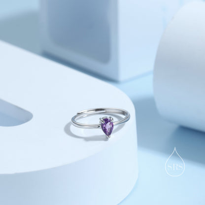 Natural Amethyst Droplet Ring in Sterling Silver,  4x6mm, Prong Set Pear Cut, Adjustable Size, Genuine Amethyst Ring, February Birthstone