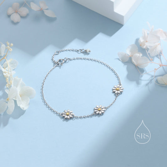 Daisy Flower Trio Bracelet in Sterling Silver, Daisy Bracelet, Daisy Flower Bracelet, Flower Bracelet