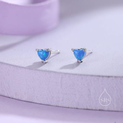 Extra Tiny Ocean Blue Opal Heart Stud Earrings in Sterling Silver - 3mm Fire Opal - Sustainable Lab Opal - Petite Stud Earrings