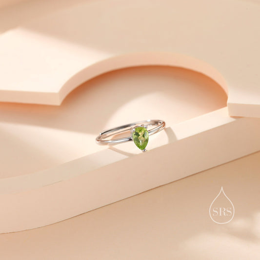 Natural Green Peridot Droplet Ring in Sterling Silver,  4x6mm, Prong Set Pear Cut, Adjustable Size, Genuine Peridot Ring, August Birthstone