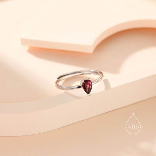 Natural Red Garnet Droplet Ring in Sterling Silver,  4x6mm, Prong Set Pear Cut, Adjustable Size, Genuine Garnet Ring, January Birthstone
