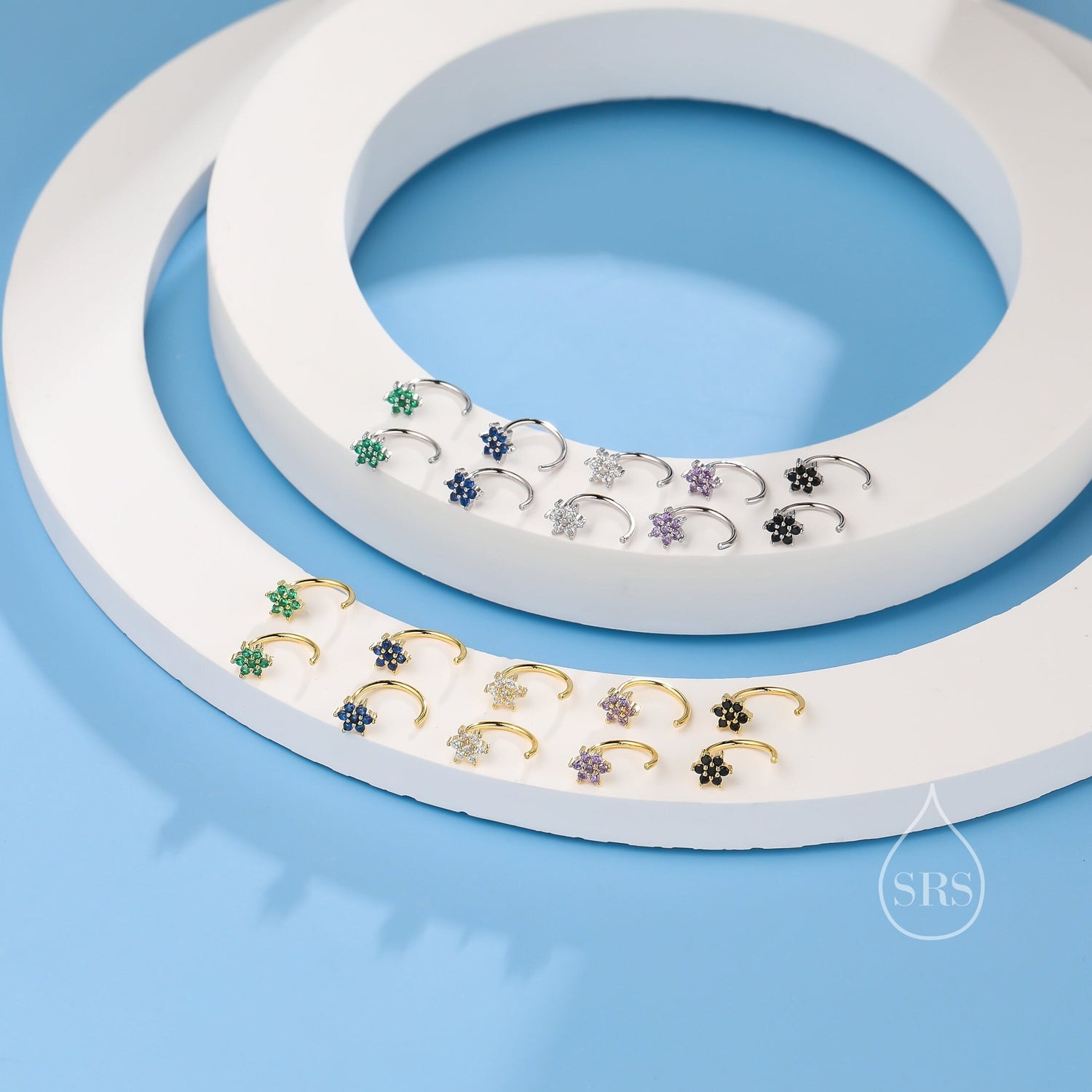 CZ Flower Huggie Hoop Earrings in Sterling Silver, Available in 5 Colours, Tiny CZ Cluster Open Hoops, Pull Through Threaders, Half Hoops
