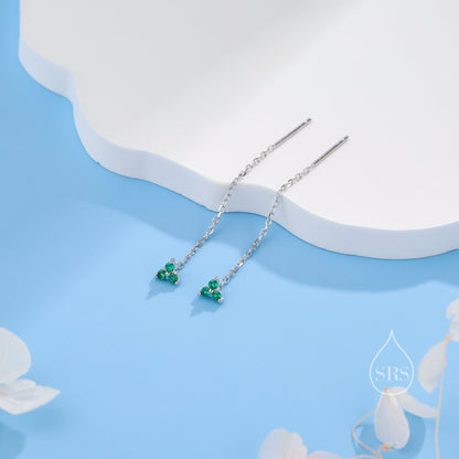 Emerald Green CZ Trio Flower Threader Earrings in Sterling Silver, Silver or Gold, Three Dot Crystal Ear Threaders, Flower CZ Earrings