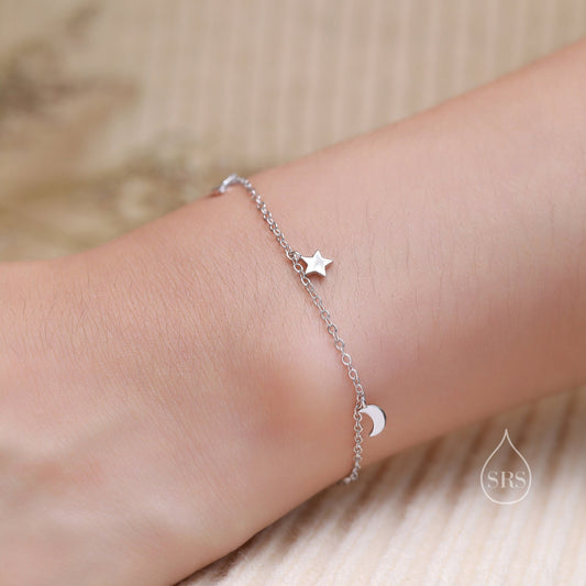 Sterling Silver Moon and Star Charm Bracelet, Silver or Gold, Moon and Star Charm Bracelet, Celestial Jewellery