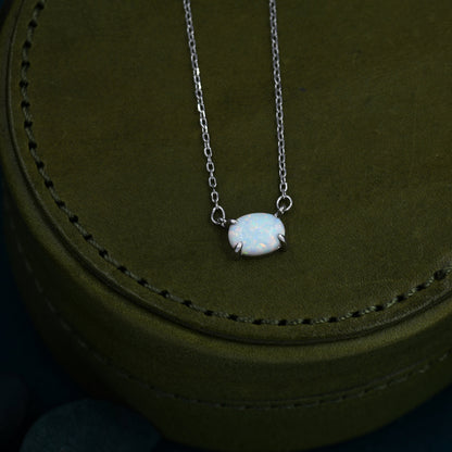 White Opal Oval Necklace in Sterling Silver, Dainty Lab Oval Cabochon Necklace, October Birthstone