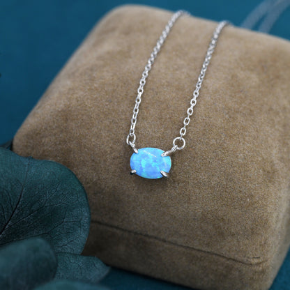 Blue Opal Oval Necklace in Sterling Silver, Dainty Lab Oval Cabochon Necklace, October Birthstone