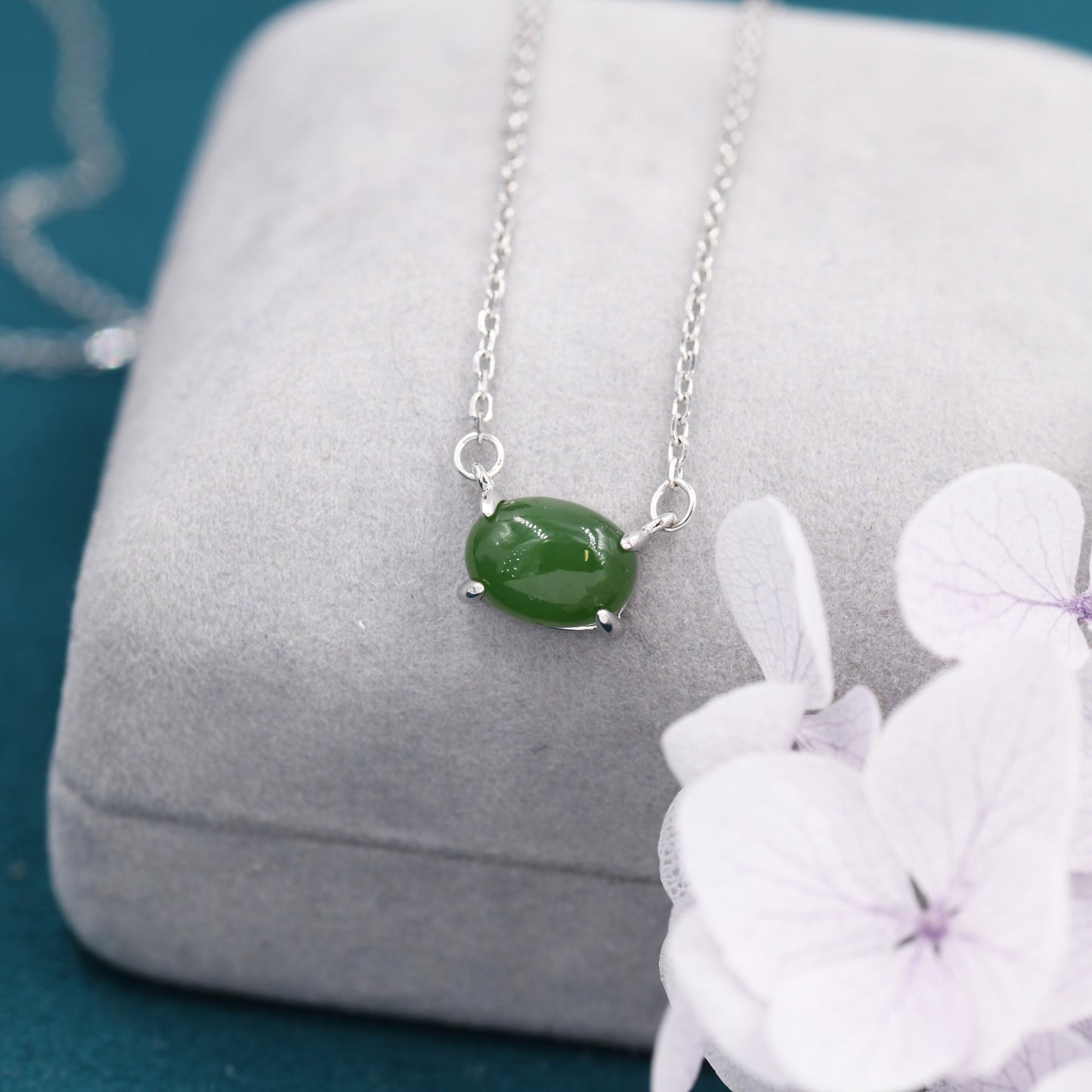 Genuine Green Jade Oval Necklace in Sterling Silver, Dainty Jade Oval Cabochon Necklace, Natural Jade Necklace