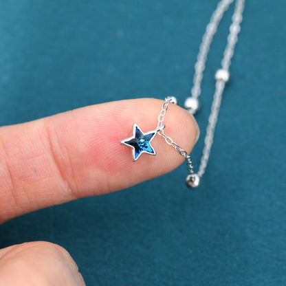 Blue CZ Star Charm Bracelet in Sterling Silver, North Star Dangle Bracelet, Sunburst Bracelet, Star Bracelet
