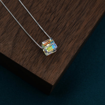 Prism Cube AB Crystal Pendant Necklace in Sterling Silver,  Colour Changing Aurora Crystal Necklace, Aurora Crystal, AB Crystal