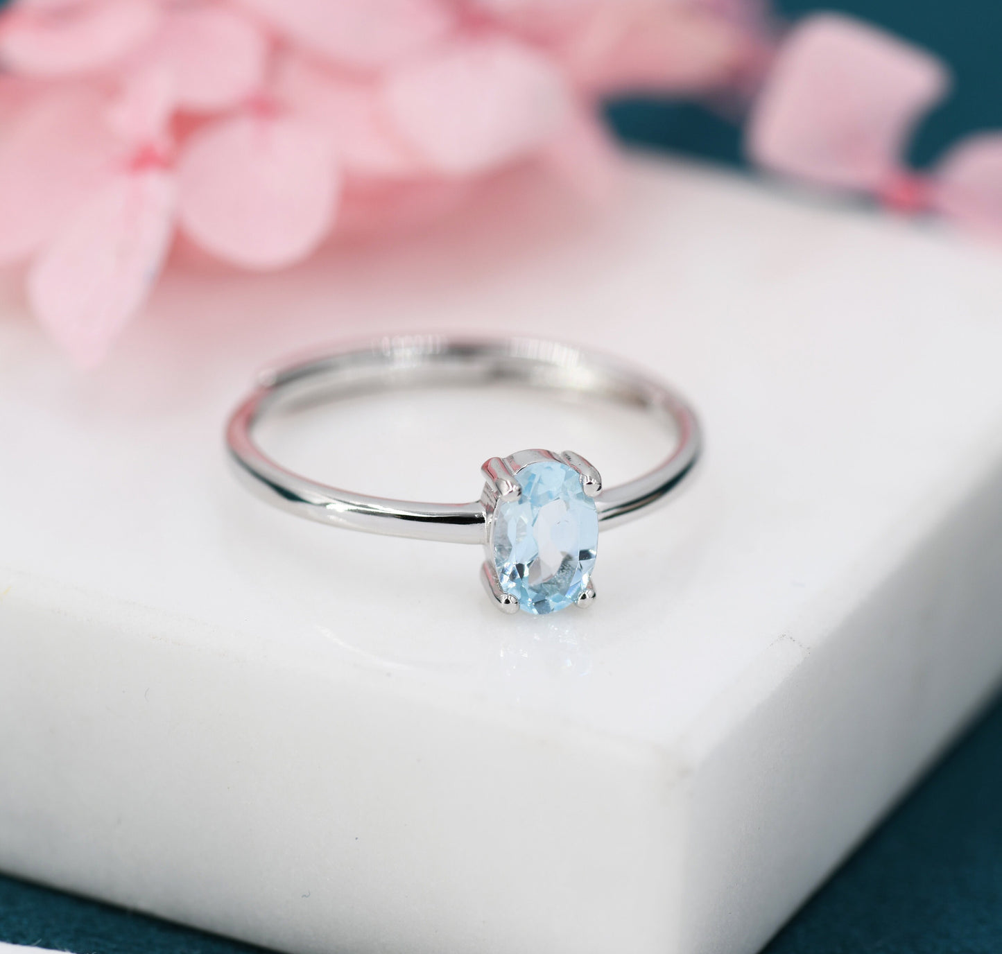 Natural Blue Topaz Oval Ring in Sterling Silver,  4x6mm, Prong Set Oval Cut, Adjustable Size, Genuine Topaz Ring