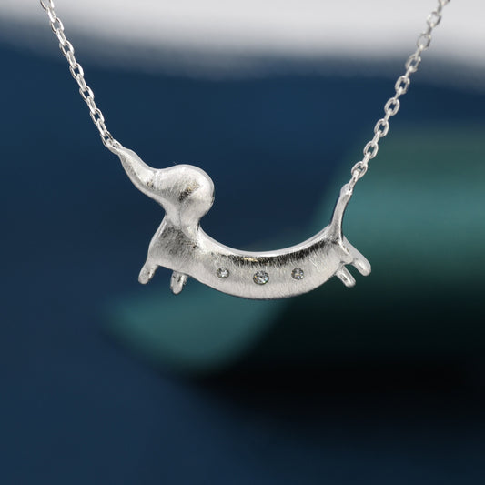Sterling Silver Little DACHSHUND Sausage Dog Necklace with CZ Crystals 18&#39;&#39; Hand Brushed Textured Finish - Super Cute and Fun Jewellery