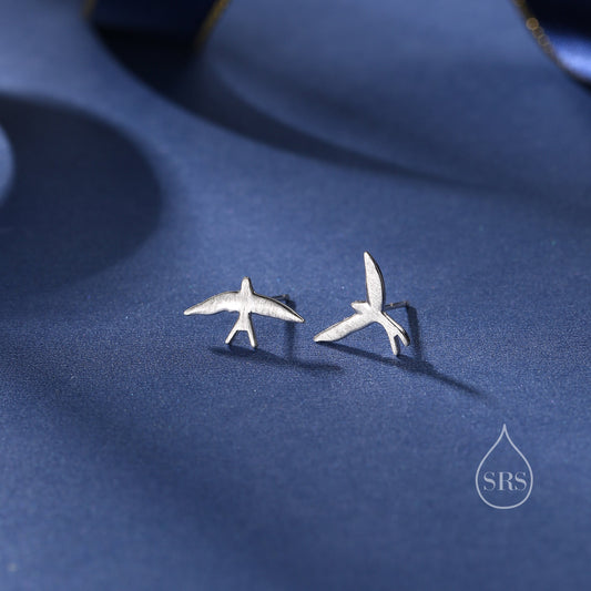 Sterling Silver Mismatched Asymmetric Swallow Bird Silhouette Stud Earrings - Textured Finish,  Stacking Earrings -Fun, Whimsical and Pretty