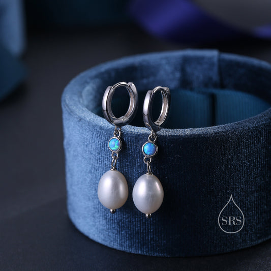 Genuine Freshwater Pearl and  Blue Opal Huggie Hoop Earrings in Sterling Silver, Delicate Keshi Pearl and Opal Earrings, Genuine Pearls