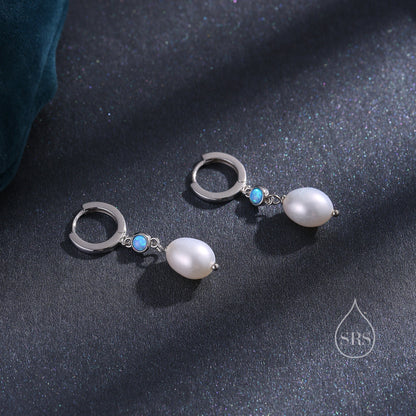 Genuine Freshwater Pearl and  Blue Opal Huggie Hoop Earrings in Sterling Silver, Delicate Keshi Pearl and Opal Earrings, Genuine Pearls