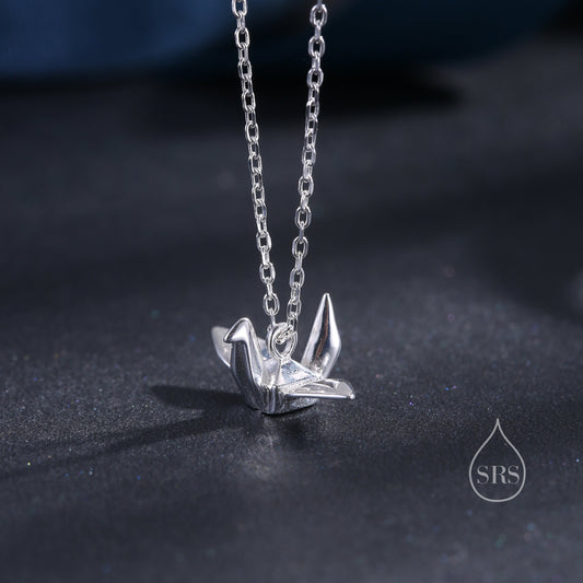 Tiny Origami Crane Pendant Necklace in Sterling Silver, Cute Japanese Crane Necklace, Silver Good Luck Origami Necklace