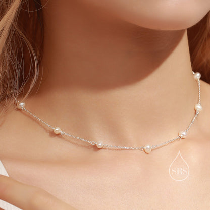 Natural Pearl Choker Necklace in Sterling Silver, Silver or Gold , Genuine Freshwater Pearls, Pearl Necklace