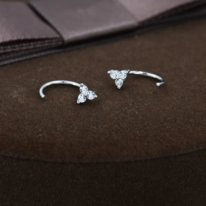 Three CZ Trinity Threader Hoop Earrings in Sterling Silver, Three Dot Open Hoop Earrings, Huggie Hoop,  Silver or Gold, Pull Through