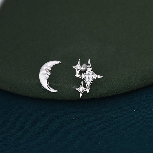 Mismatched Moon Face and Stars Stud Earrings in Sterling Silver, Asymmetric Moon and Star Fun Earrings