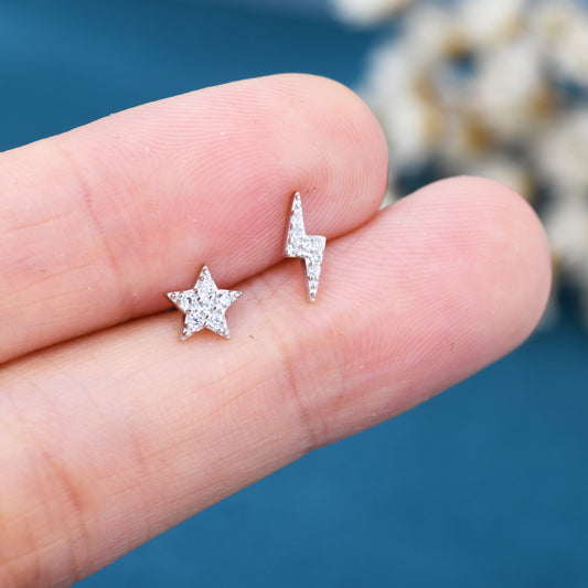 Mismatched Tiny Star and Lightning Bolt Stud Earrings in Sterling Silver, Asymmetric CZ Star and Lightning Bolt Fun Earrings