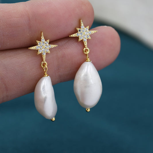 Starburst Star with Dangling Baroque Pearl Drop Earrings in Sterling Silver, Keshi Pearl Earrings,  Genuine Freshwater Pearls