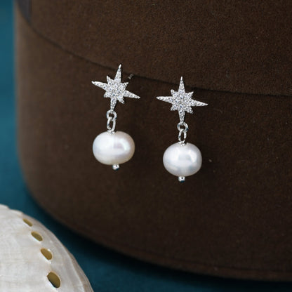 Starburst Star with Baroque Pearl Drop Earrings in Sterling Silver, Keshi Pearl Dangle Earrings,  Genuine Freshwater Pearls