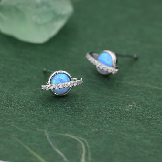 Blue Opal and CZ Halo Planet Stud Earrings in Sterling Silver, Lab Opal Planet Earrings, Fire Opal Saturn Earrings