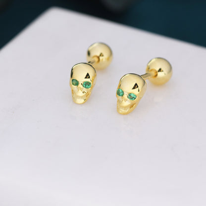 Extra Tiny Skull Screw Back Earrings in Sterling Silver with Emerald Green CZ - Gold or Silver - Skull Earrings - Petite Screwback Barbell