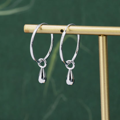 Droplet Dangle Hoop Earrings in Sterling Silver, Minimalist Raindrop Charm Hoop Earrings, Detachable Charm Hoops