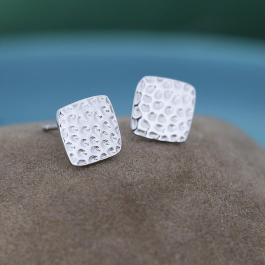 Hammered Square Stud Earrings in Sterling Silver, Silver or Gold or Rose Gold, Square Earrings, Fun and Quirky Jewellery
