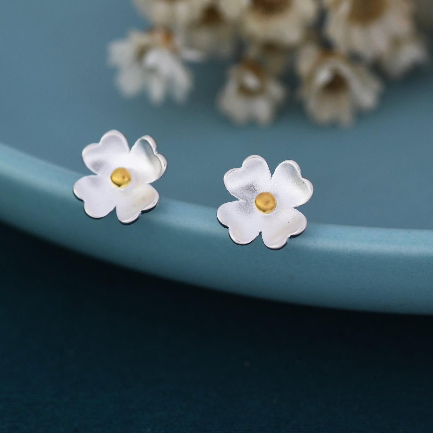Buttercup Flower Stud Earrings in Sterling Silver, Blossom Earrings, Sand Blasted Finish, Nature Inspired Earrings