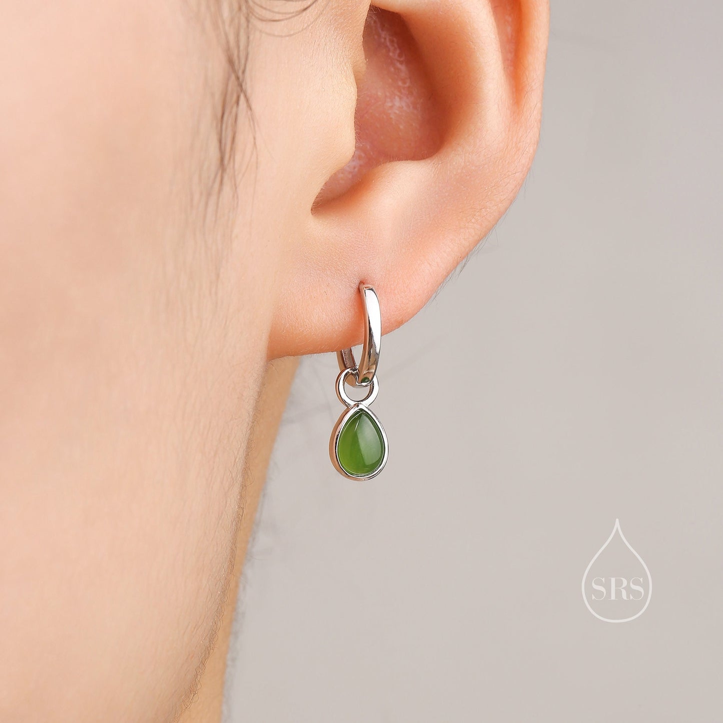 Sterling Silver Dangling Jade Droplet Hoop Earrings, Detachable Genuine Green Jade Charm Dangle Hoop Earrings, Silver or Gold,