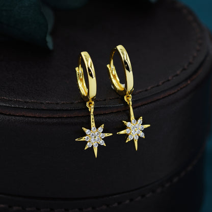 Starburst Huggie Hoop Earrings in Sterling Silver with Dangling Star Burst Charms, Celestial Geometric Design