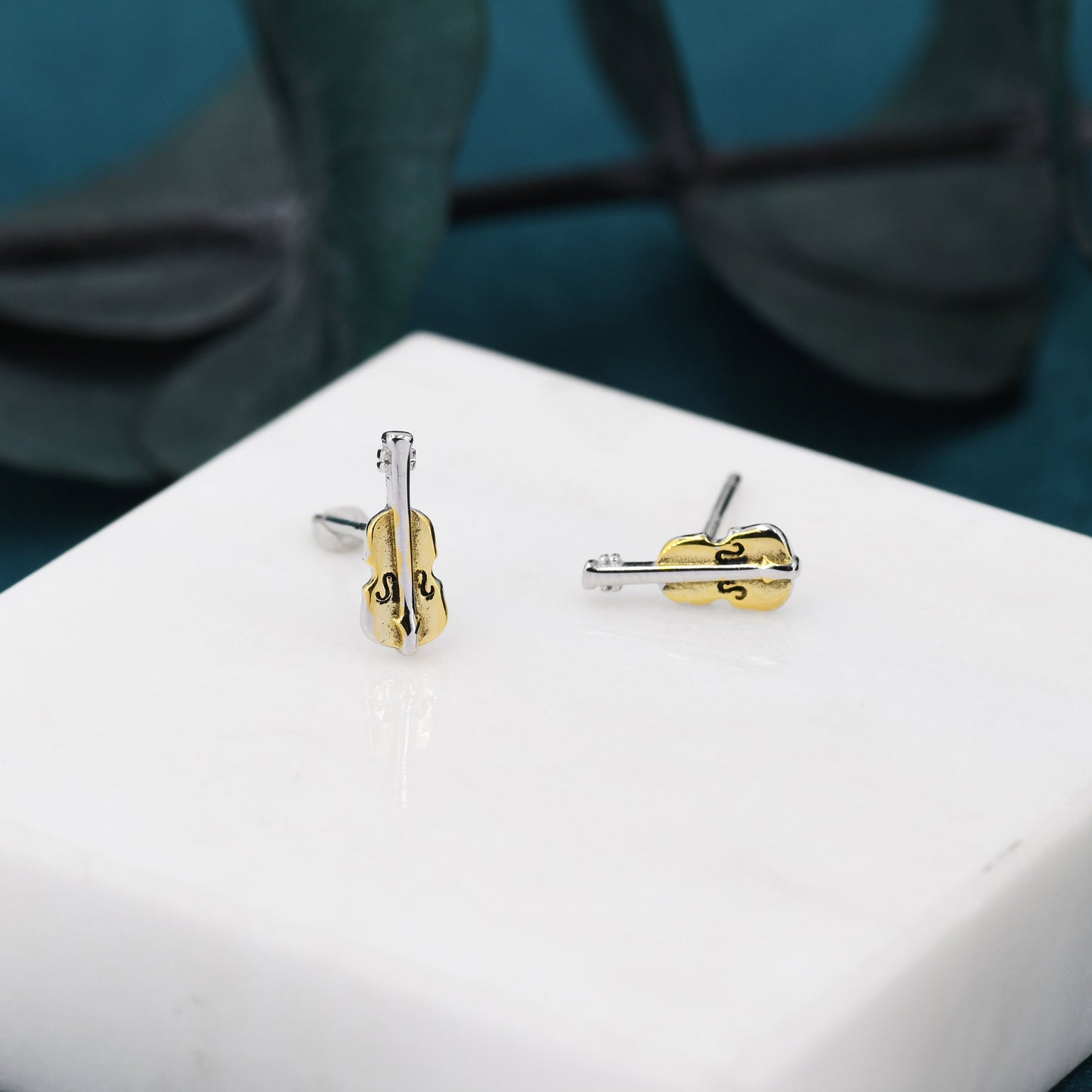 Tiny Violin Stud Earrings in Sterling Silver, Silver or Gold, Music Earrings