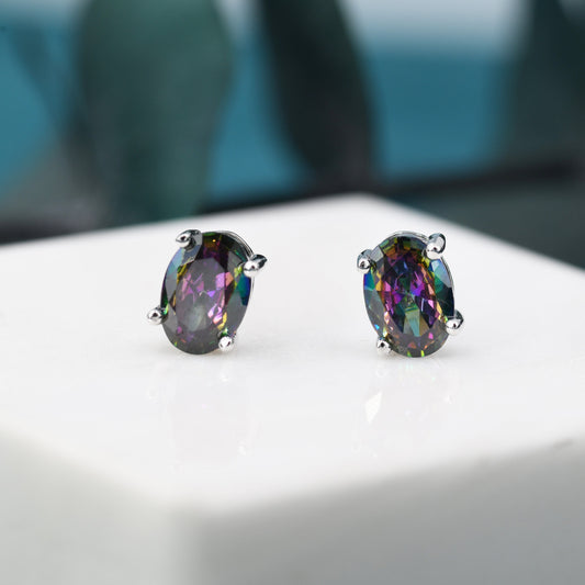 Mystic Topaz Crystal Stud Earrings in Sterling Silver, Oval Cut Peacock Crystals,Stunning Green, Blue and Purple Colour