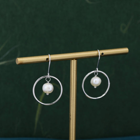 Genuine Freshwater Pearl and Circle Drop Earrings in Sterling Silver, Delicate Keshi Pearl Halo Earrings,  Genuine Freshwater Pearls.