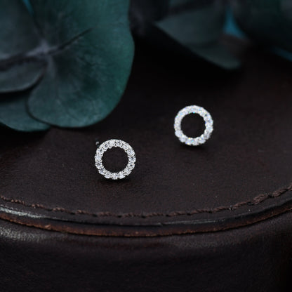 Open Circle CZ Stud Earrings in Sterling Silver - Gold, Rose Gold and Silver Petite Stud Earrings - Sparkling Crystal Circle Stud