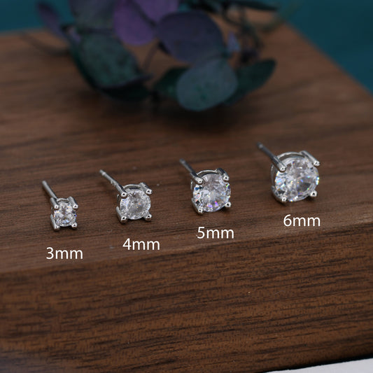 CZ Stud Earrings in Sterling Silver, Available in 3mm, 4mm, 5mm 6mm, Brilliant Cut CZ Earrings, Four Prong Set