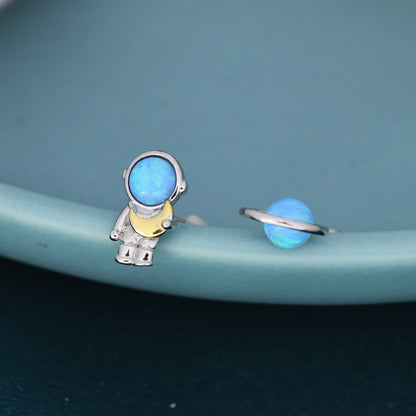 Mismatched Astronaut and Planet Stud Earrings in Sterling Silver, Asymmetric Planet and Spaceman Earrings with Blue Opal, Cute and Fun