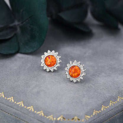 Opal Sunflower Stud Earrings in Sterling Silver - Flower Stud Earrings  - Cute,  Fun, Whimsical
