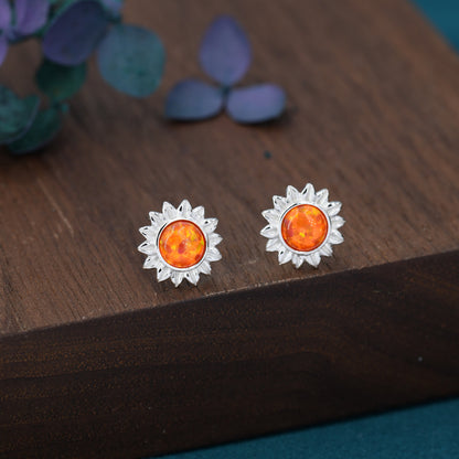 Opal Sunflower Stud Earrings in Sterling Silver - Flower Stud Earrings  - Cute,  Fun, Whimsical