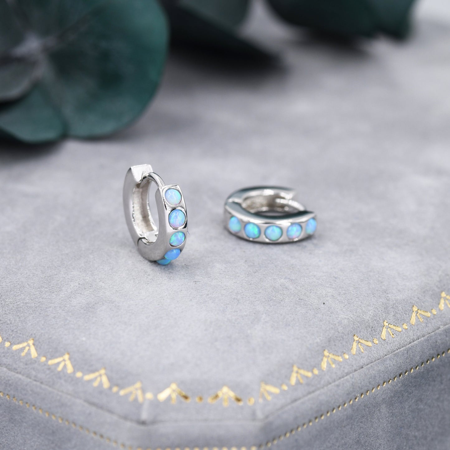 Sterling Silver Opal Huggie Hoop Earrings, Blue and White Opal, Minimalist Geometric Hoop Earrings