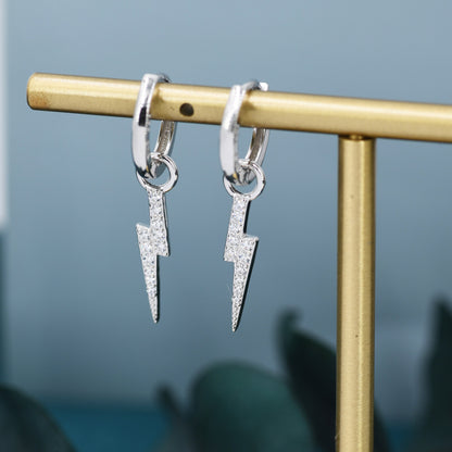Lightning Bolt Charm Huggie Hoop Earrings in Sterling Silver with Detachable Charms, Silver, Gold or Rose Gold Lightening Earrings