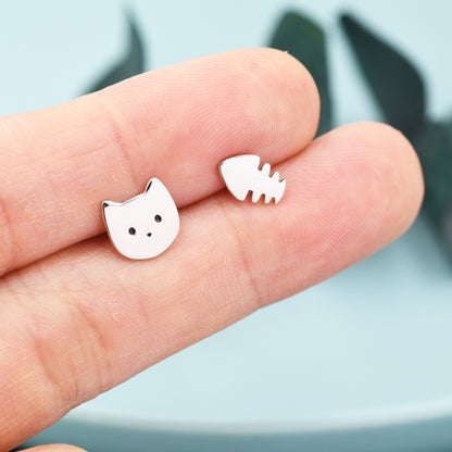 Mismatched Cat and Fishbone Stud Earrings in Sterling Silver, Asymmetric Cat and Fish Earrings, Cute Cat Lover Earrings