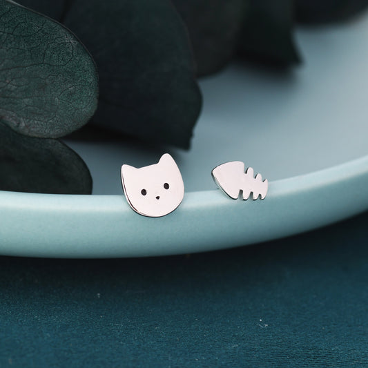 Mismatched Cat and Fishbone Stud Earrings in Sterling Silver, Asymmetric Cat and Fish Earrings, Cute Cat Lover Earrings